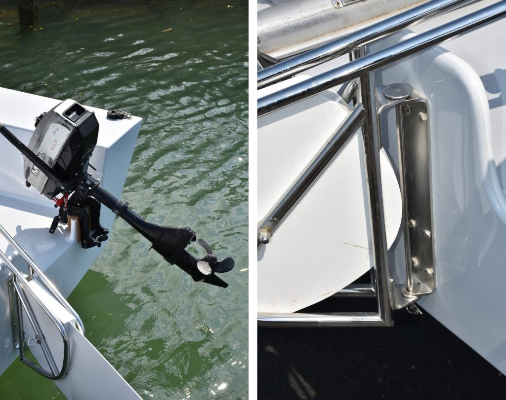With her light weight, the small outboard is perfect for getting to the race course. Robust rudder pintles.