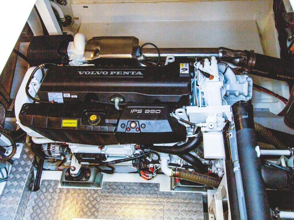 Twin 750hp Volvo Penta IPS950s occupy the engine room under the cockpit sole.
