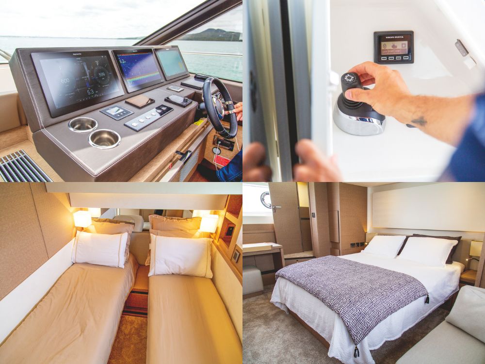 Clockwise from top-left: The stylish helm station. There’s another joystick upstairs. The owner’s cabin is full beam with a separate entrance aft. Single berths slide together to make a double.