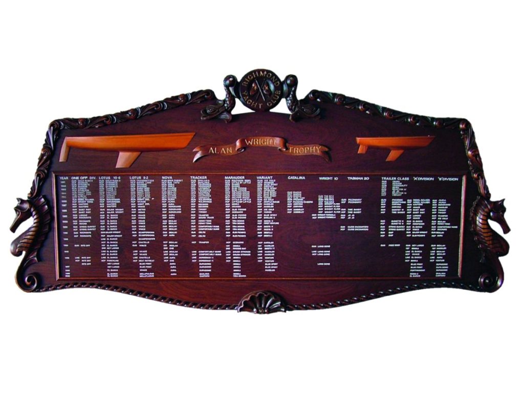 Richmond Yacht Club’s Alan Wright Day was held annually for 20 years, as the Roy Molpass-crafted honours board attests // Photo courtesy of Alan Wright.