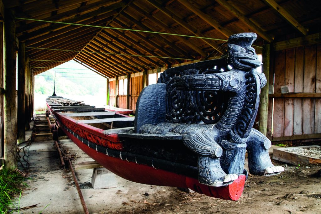 Okains Bay's replica waka. (Up the creek: Old boats heaven) // Photo credit: Lesley Stone