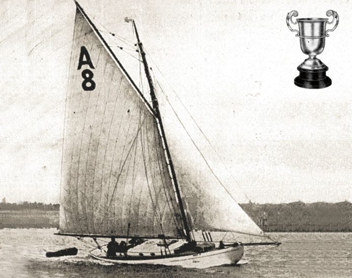 Victory coming up the harbour after the 1932 Balokovic Cup race carrying her old vertical-cut mainsail. One man and his boats: Harold George; Victory at war