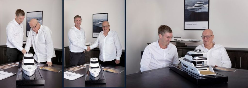 Assuming control, Managing Director Tom Barry-Cotter, and Founder Bill Barry-Cotter review the model of the new M75, 20 years after the groundbreaking Maritimo 60 was unveiled.