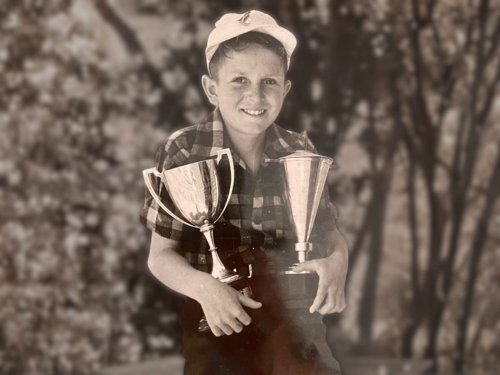 Jimmy Gilpin in 1953 with both trophies: the Tanner Cup and Tauranga Cup.