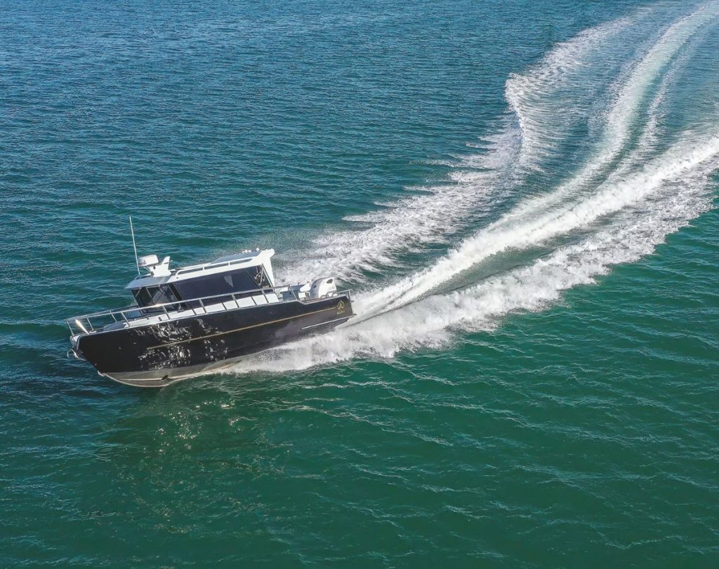 The Aluka 823 Walkaround hull has several strakes, plus spray rails. The boat tracks well in turns and rides softly. // Photo credit: Roger Mills / Boating New Zealand