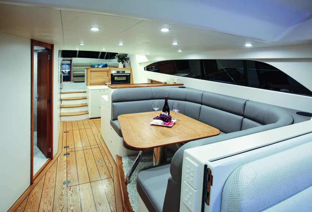 The main saloon is spacious and light; The details are what really sets this build apart. Bedrooms are sumptuous; The dining area and galley are just forward of the cockpit, inside the doors, with a guest cabin and day head on the port side.