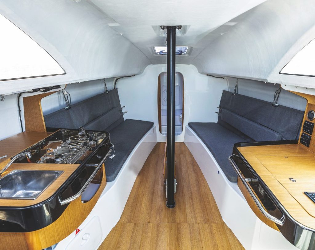 Rounded bulkheads, drip-dry interior, ample headroom and functional galley; all good features in the saloon of the 3300