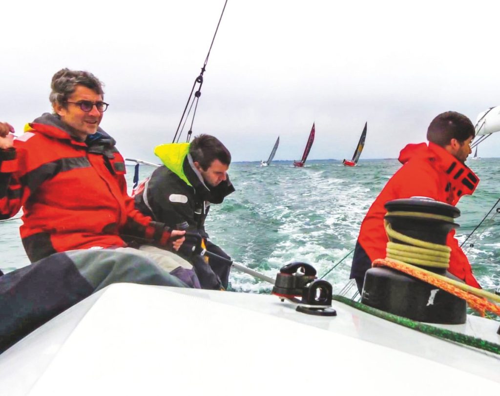Sunfast co-designer Guillaume Verdier evaluating this first hull during our practice race at the Sunfast World Cup. 