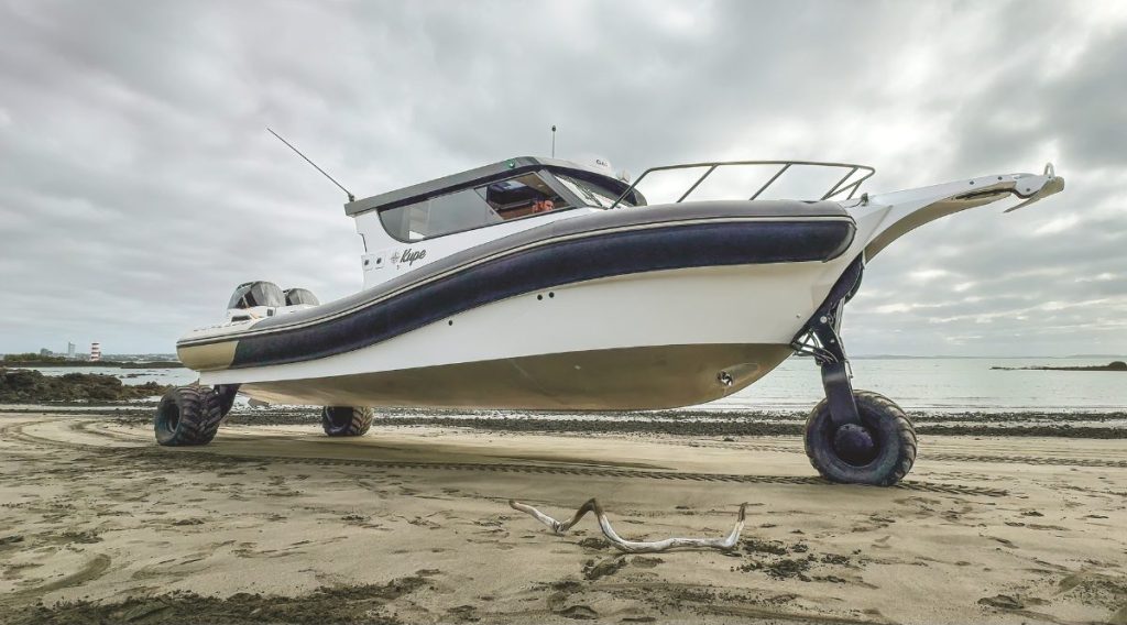 Sealegs 12RC pulled up on the beach at McKenzie Bay. // Photo credit: Roger Mills / Boating New Zealand