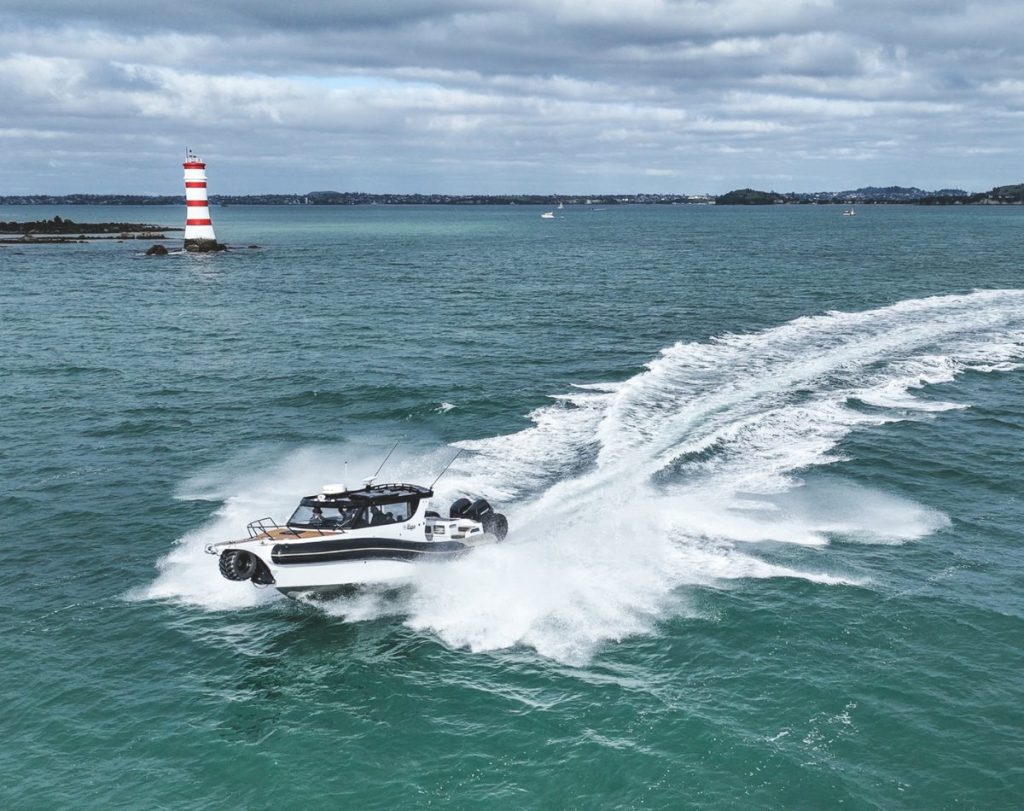 The Sealegs 12RC rounding Rangi Lighthouse. // Photo credit: Roger Mills / Boating New Zealand