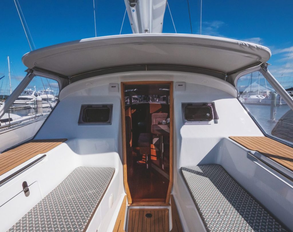 The expansive cockpit benches, and the clever swivelling chartplotter mount. // Photo credit: Roger Mills / Boating New Zealand
