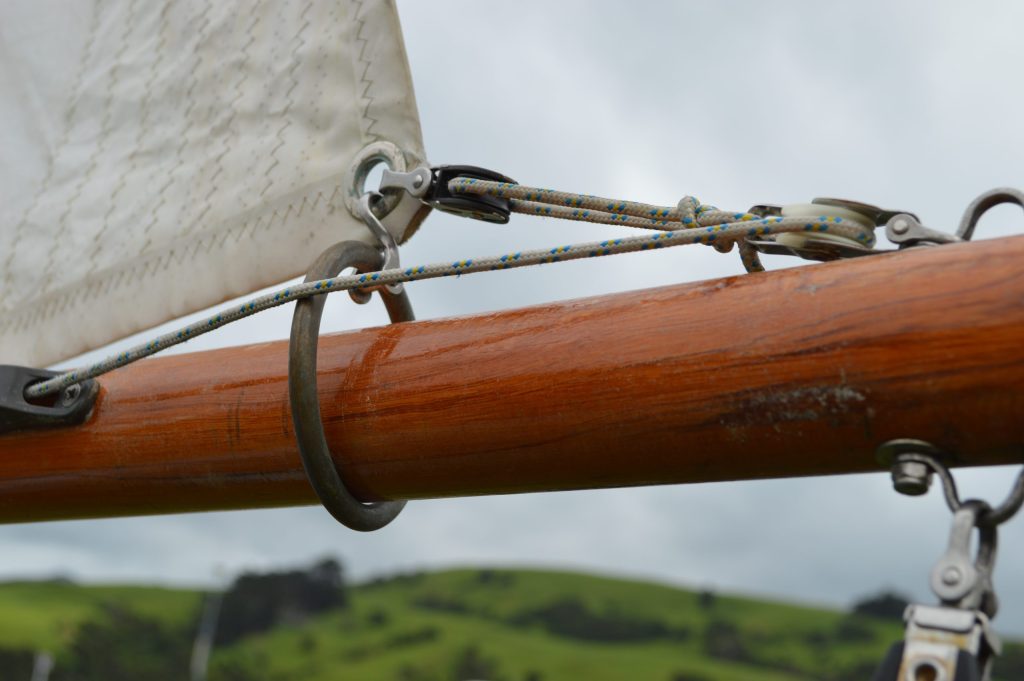 Fairlead, outhaul arrangement and a classic bronze mainsheet block – they’re all part of what makes Korora special. // Photo credit: Matt Vance