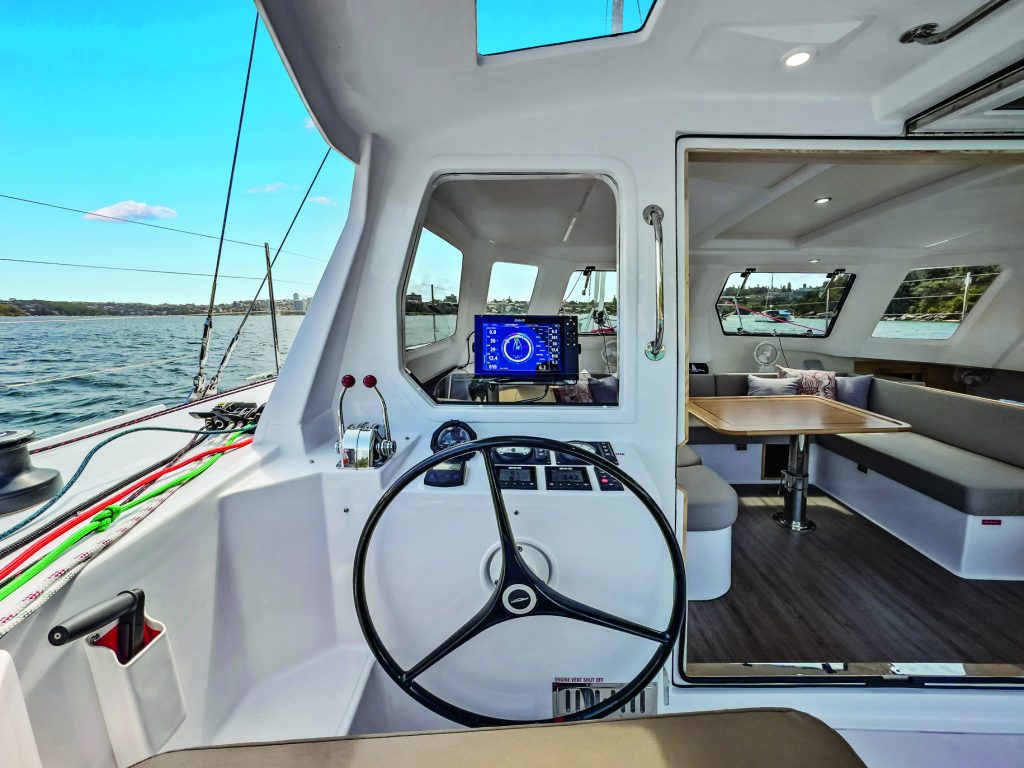 At the twin helms, B&G electronics are used throughout with a 12-inch plotter portside beside the throttles and readouts on both sides.