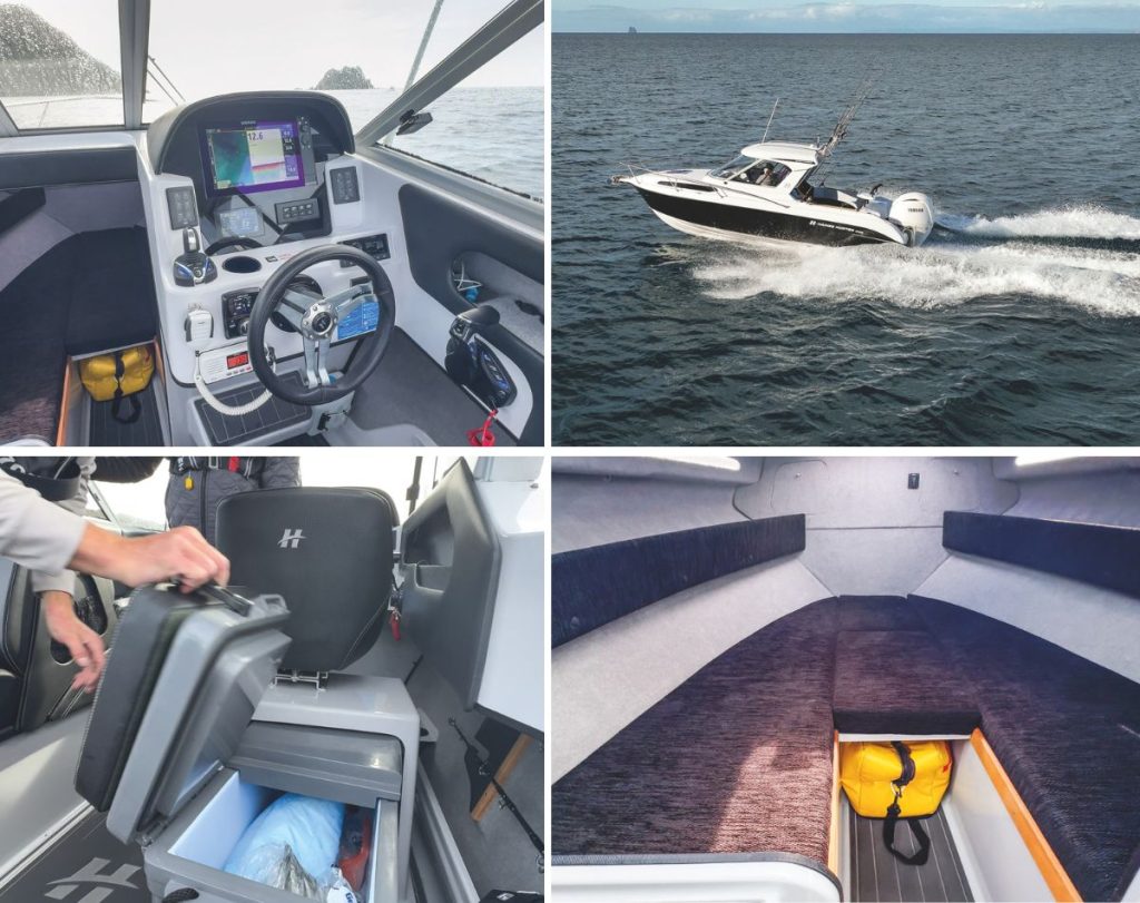 Clockwise from top-left: The Haines Hunter SP635 console has ample space for modern electronics and accessories; the SP635 covers water quickly and comfortably; plush upholstery on the v-berths forward; the icebox doubles as a seat. // Roger Mills