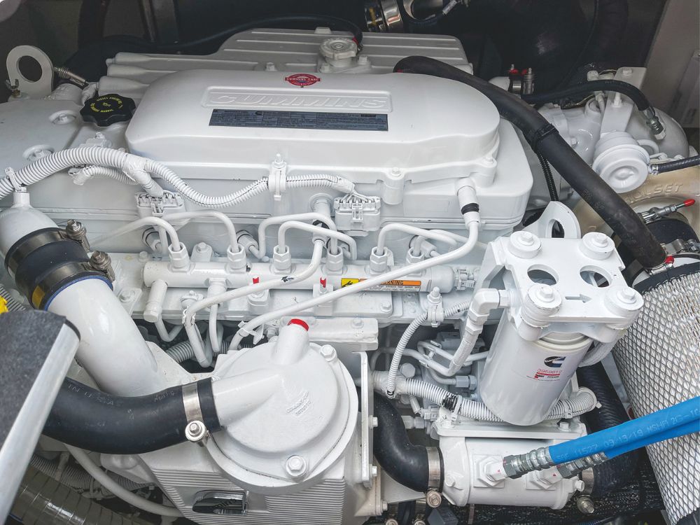 The Prestige 420s Coupé's engines nestle under the cockpit sole. // Photo credit: Roger Mills