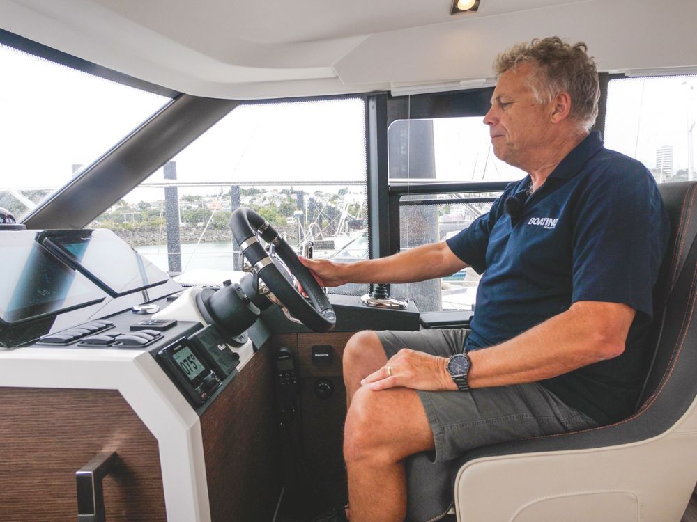 A Prestige 420s Coupé's comfortable helm position with good vision all round. // Photo credit: Roger Mills
