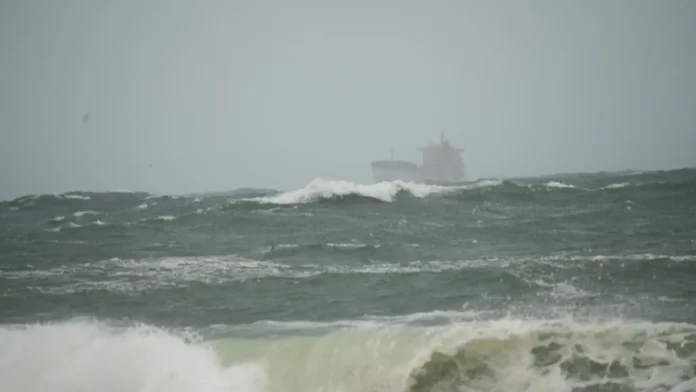 The Pan Viva, a 738-foot Panama-flagged cargo ship, anchored near Constantine Bay near Unalaska on Saturday. (Photo courtesy Ellis Berry via KUCB) The Pan Viva, a 738-foot Panama-flagged cargo ship, anchored near Constantine Bay near Unalaska on Saturday. (Photo courtesy Ellis Berry via KUCB)