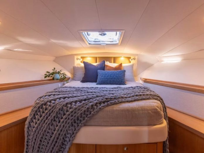The Elite AT43's master cabin features a generous walkaround berth, and handily placed steps, meaning no awkward climbing in and out of bed. // Photo credit: Bryce Taylor