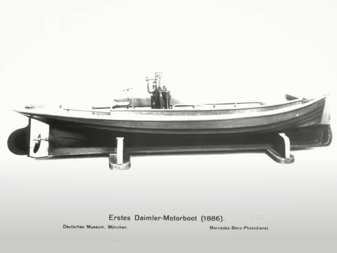 Rems, the first powerboat. The boat was designed and built by Friedrich Lürssen, the engine provided by Gottlieb Daimler. // Image credit: Lurssen Yachts