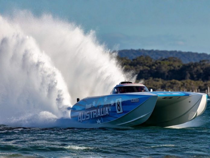 Team Australia is a Maritimo Boat Design 42 powered by 2 x Mercury V8 750hp, and helmed by Darren Apps Photo credit Offshore Superboat Championships - Australia