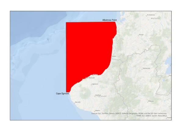 The Paralytic Shellfish Poisoning (PSP) warning, issued on 25/10/2025, extends from Cape Egmont north to Albatross Point. Photo credit- MPI