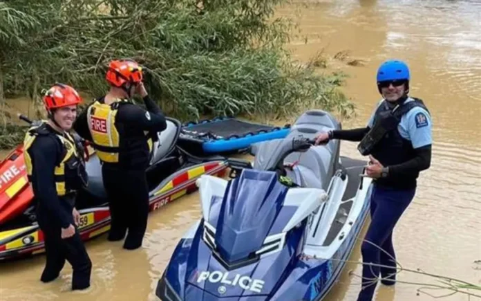 Ngāruawāhia volunteer fire station's jet skis assist police with a water rescue during Cyclone Hale in 2023. Photo- Supplied