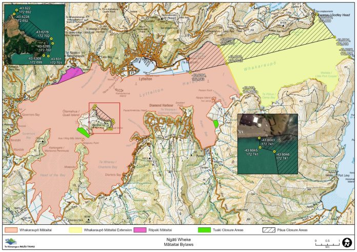 Map of Rāpaki and Whakaraupō Mātaitai Reserves showing proposed pāua closures and current tuaki (cockle) closures within these mātaitai reserves. Photo credit- MPI