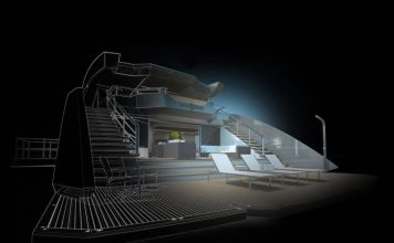 Where the aft deck flows seamlessly into the Beach Club, the XF450 creates an entirely new way to arrive, relax, and connect with the sea. // Photo credit: Voodoo Yachts