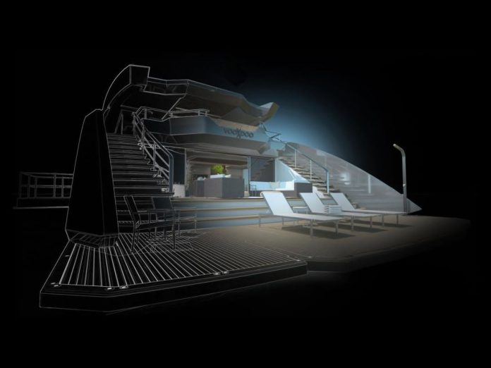 Where the aft deck flows seamlessly into the Beach Club, the XF450 creates an entirely new way to arrive, relax, and connect with the sea. // Photo credit: Voodoo Yachts