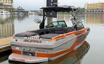 Forward Drive wakeboat concept bridges sterndrive handling and premium wakes Supra SE with Volvo Penta's Forward Drive technology // Photo credit: Volvo Penta at Sea