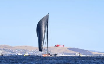 MASTER LOCK COMANCHE crosses the finish line in Hobart to claim line honours at the 2025 Rolex Sydney Hobart Yacht Race MASTER LOCK COMANCHE, Sail No: CAY007, Owner: Matt Allen/James Mayo - Charterers, Skipper: Matt Allen/James Mayo, Club: CYCA/RPEYC, NSW, Design: VPLP Verdier 100, LOA (m): 30.5, Year: 2014