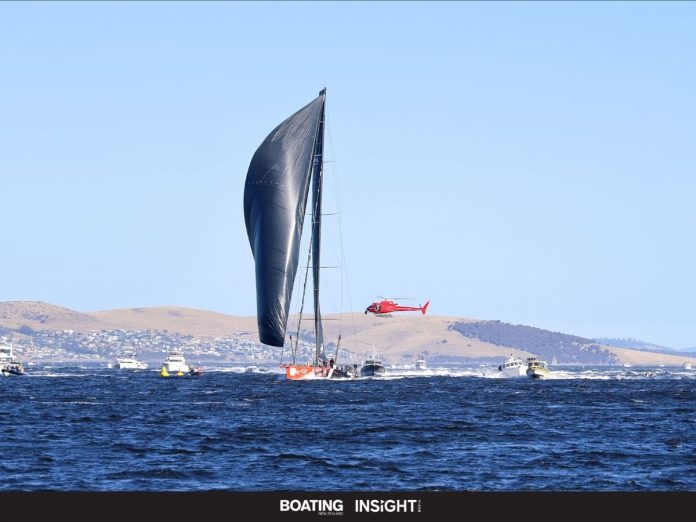 MASTER LOCK COMANCHE crosses the finish line in Hobart to claim line honours at the 2025 Rolex Sydney Hobart Yacht Race MASTER LOCK COMANCHE, Sail No: CAY007, Owner: Matt Allen/James Mayo - Charterers, Skipper: Matt Allen/James Mayo, Club: CYCA/RPEYC, NSW, Design: VPLP Verdier 100, LOA (m): 30.5, Year: 2014