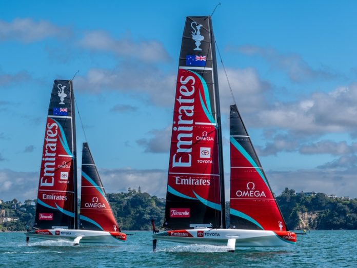 Emirates Team New Zealand sail their AC40 in Auckland.