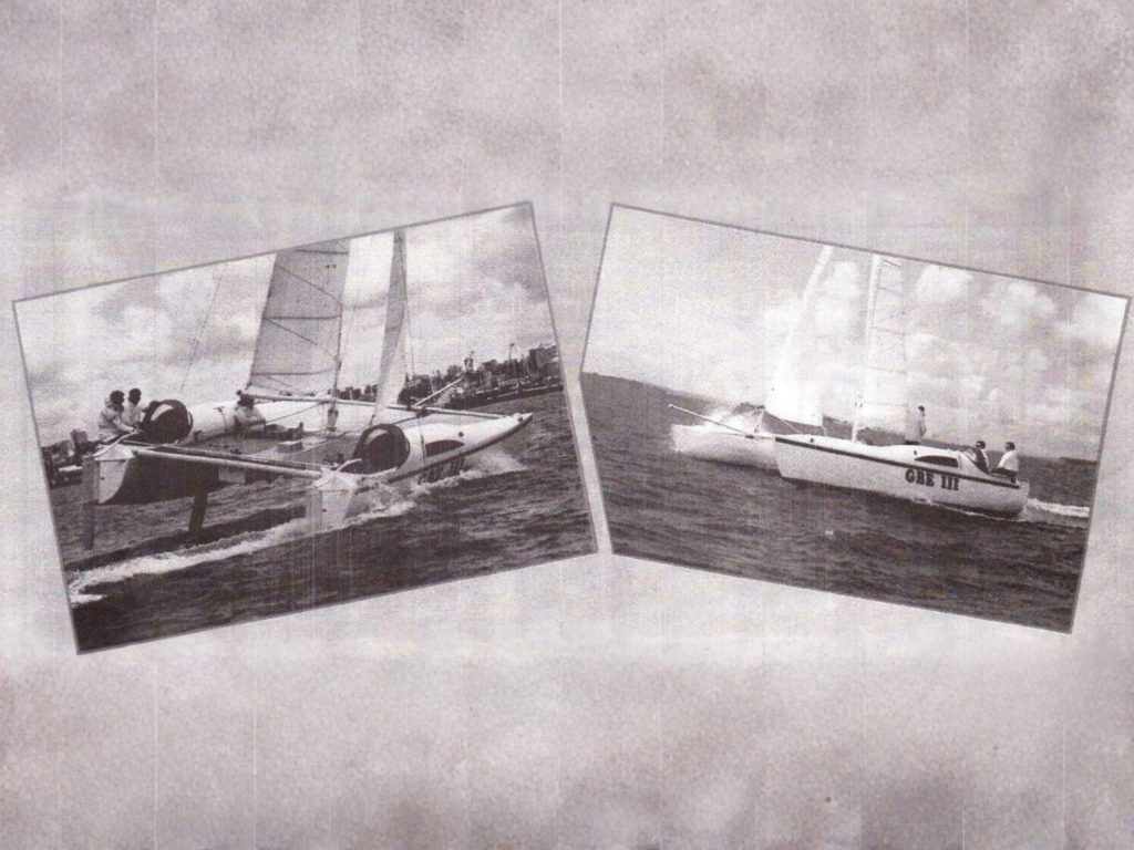 Left: Finger-tip control as the GBE heads home at the end of an exhilarating test day. Right: The spray flies at 18 knots, two-sailing reaching northwind toward Takapuna Beach