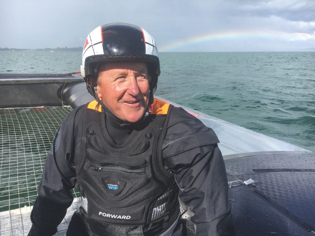 Lester in his on-the-water commentator role at the 2024 America's Cup in Barcelona.