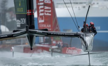 ROCKWOOL Racing SailGP Team helmed by Nicolai Sehested in action on Race Day 1 of the ITM New Zealand Sail Grand Prix in Auckland, New Zealand. Saturday 14 February 2026. Rolex SailGP Championship Event 2 2026 Season. // Photo credit: James Gourley for SailGP.