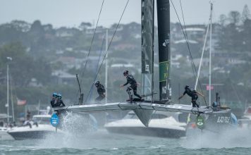 Peter Burling, co-CEO and driver of Black Foils SailGP Team, crosses the Black Foils SailGP F50 catamaran whilst in action on Race Day 1 of the ITM New Zealand Sail Grand Prix in Auckland, New Zealand. Saturday 14 February 2026. Rolex SailGP Championship Event 2 2026 Season. Photo: James Gourley for SailGP.
