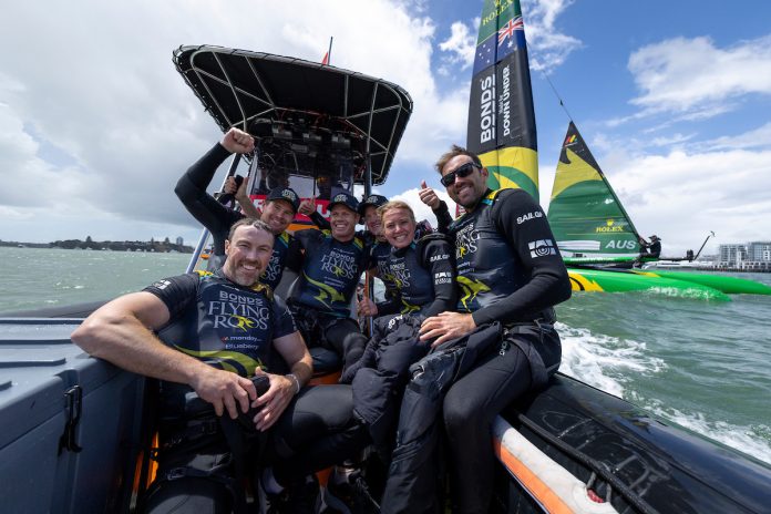 (L-R) Kinley Fowler, grinder of BONDS Flying Roos SailGP Team, Tom Slingsby, driver of BONDS Flying Roos SailGP Team, Sam Newton, grinder of BONDS Flying Roos SailGP Team, Glenn Ashby, wing trimmer of BONDS Flying Roos SailGP Team, Tash Bryant, strategist of BONDS Flying Roos, and Jason Waterhouse, flight controller of BONDS Flying Roos SailGP Team, celebrate onboard the chief marshal boat following winning the event on Race Day 2 of the ITM New Zealand Sail Grand Prix in Auckland, New Zealand. Sunday 15 February 2026. Rolex SailGP Championship Event 2 2026 Season. // Photo credit: Felix Diemer for SailGP. (L-R) Kinley Fowler, grinder of BONDS Flying Roos SailGP Team, Tom Slingsby, driver of BONDS Flying Roos SailGP Team, Sam Newton, grinder of BONDS Flying Roos SailGP Team, Glenn Ashby, wing trimmer of BONDS Flying Roos SailGP Team, Tash Bryant, strategist of BONDS Flying Roos, and Jason Waterhouse, flight controller of BONDS Flying Roos SailGP Team, celebrate onboard the chief marshal boat following winning the event on Race Day 2 of the ITM New Zealand Sail Grand Prix in Auckland, New Zealand. Sunday 15 February 2026. Rolex SailGP Championship Event 2 2026 Season. // Photo credit: Felix Diemer for SailGP.