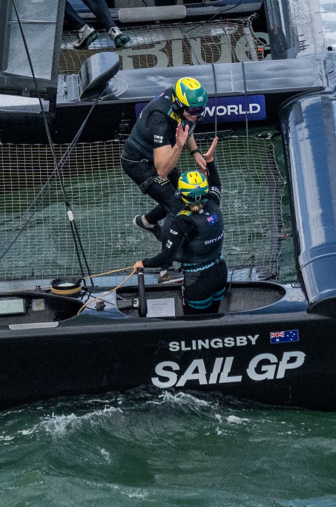Tash Bryant, strategist of BONDS Flying Roos, and Kinley Fowler, grinder of BONDS Flying Roos SailGP Team,, celebrate after winging the Final Race, on Race Day 2 of the ITM New Zealand Sail Grand Prix in Auckland, New Zealand. Sunday 15 February 2026. Rolex SailGP Championship Event 2 2026 Season. // Photo credit: James Gourley for SailGP. 