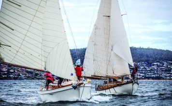 Ngataki: The little boat out and about promoting Auckland’s Wooden Boat Festival Ngataki racing Te Rapunga in Hobart.