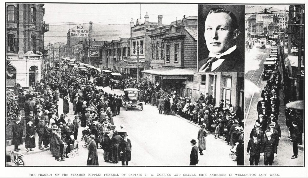 The funeral of Captain J. W. Norling in 1924, skipper of the steamer Ripple, lost somewhere between Castlepoint and Cape Palliser, 7 August 1924.