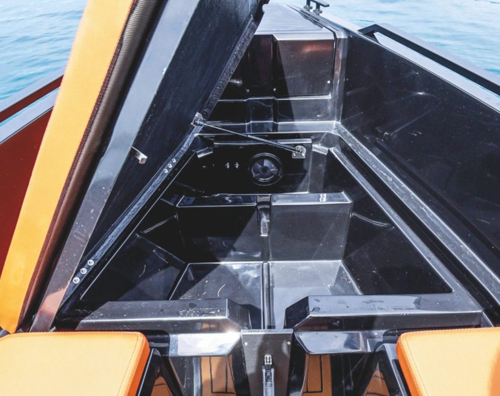 Under the console there are two berths, giving the 907 the potential for overnighting. In the bow there’s useful storage for lines, fenders or incidental items under the bow seat behind the capstan and anchor locker.