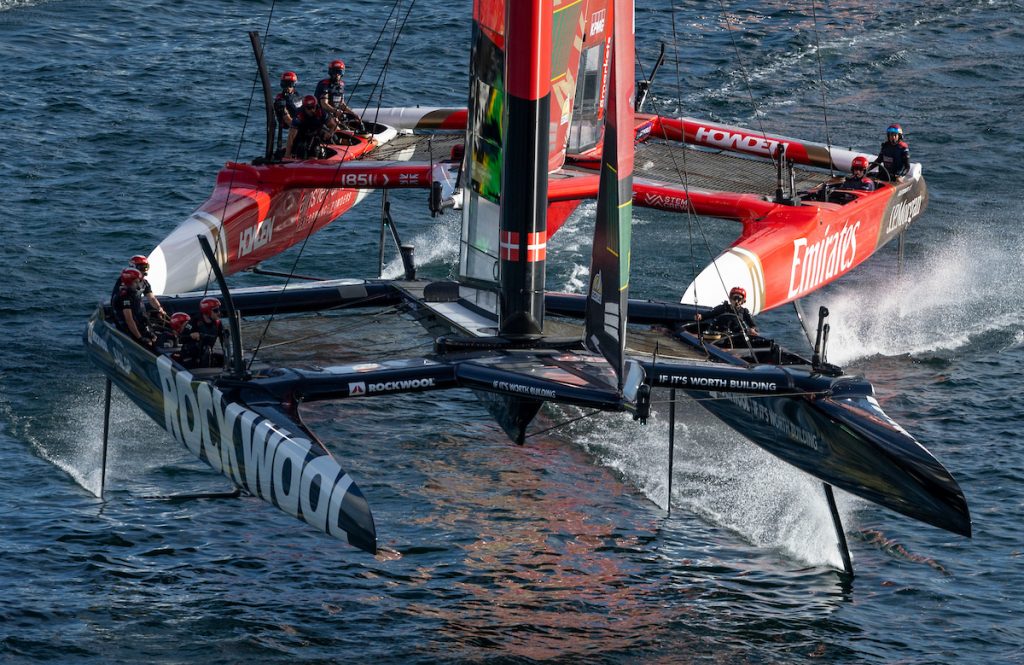 ROCKWOOL Racing SailGP Team helmed by Nicolai Sehested ahead of Emirates Great Britain SailGP Team helmed by Dylan Fletcher during racing on Race Day 1 of the KPMG Australia Sail Grand Prix in Sydney, Australia. Saturday 28 February 2026. Rolex SailGP Championship Event 3 2026 Season. // Photo credit: Felix Diemer for SailGP.