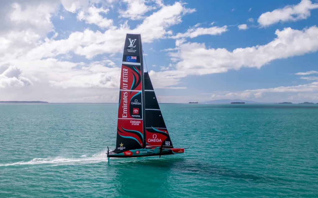 Emirates Team New Zealand’s new AC75 sailing on Auckland’s Hauraki Gulf // Photo recit: James Somerset
