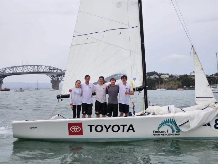 Ethan Fong and crew at the 2026 NZ Youth Match Racing World Trails // Photo credit: RNZYS