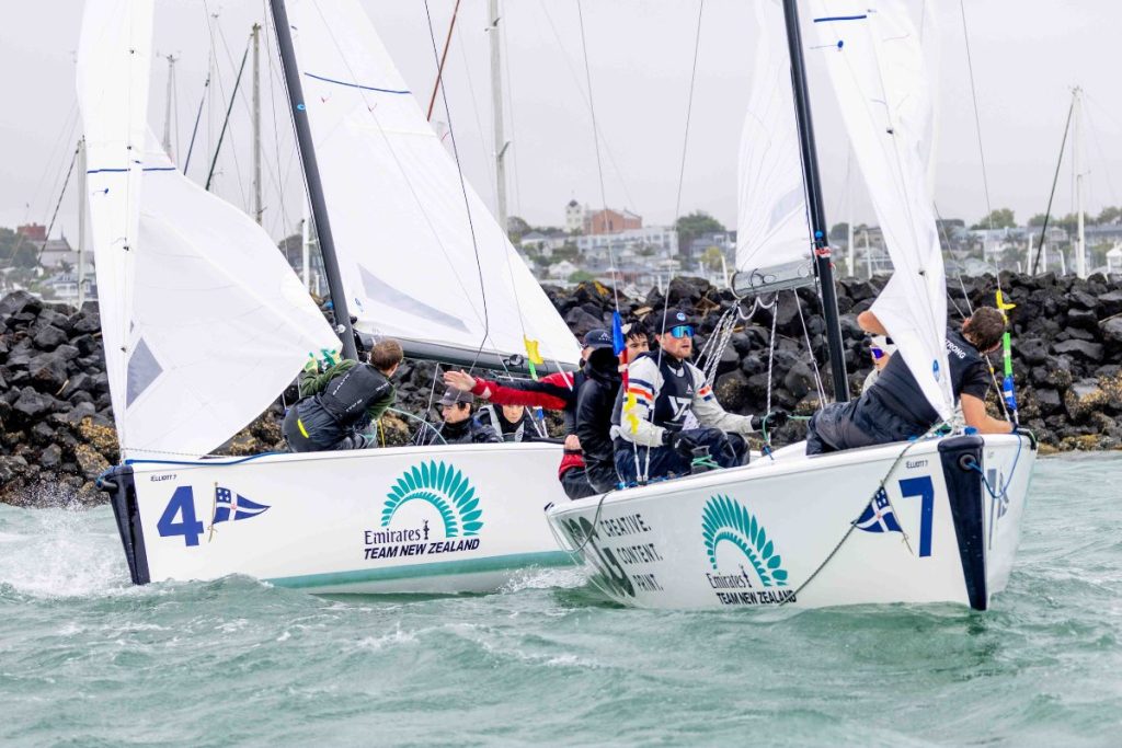 Emirates Team New Zealand Elliott 7 fleet in action during the New Zealand Match Racing Championship. // Photo credit: Suellen Hurling / Live Sail Die