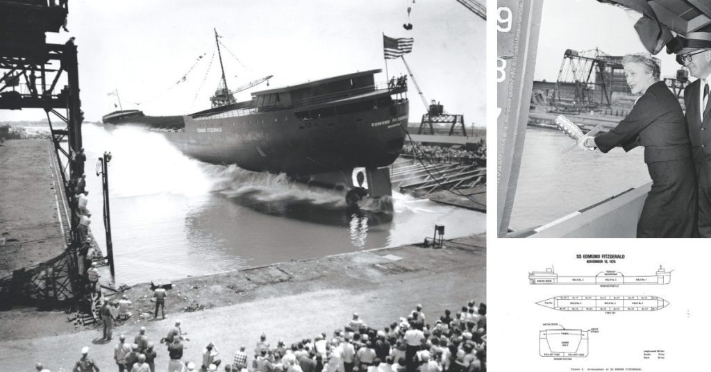 Launching day, June 8, 1958; The christening ceremony for the new freighter, Mr Edmund Fitzgerald on the right; A schematic showing the ship's general arrangement. As illustrated, her massive hold was divided into three sections by non-watertight screens.