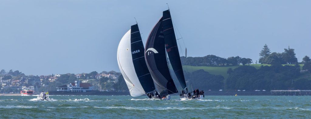 Clockwork following Mr Kite II, still in Waitemata Harbour // Photo credit: Roger Mills / Boating New Zealand
