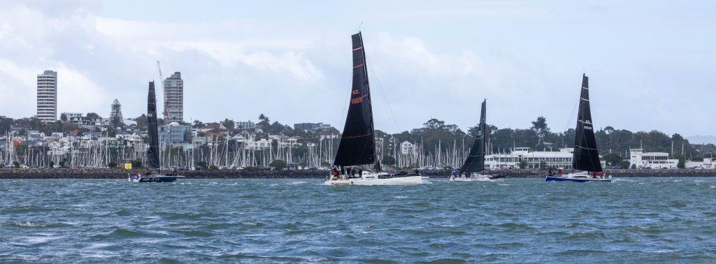 L-R: Mr Kite II, Clockwork, Higher Ground and Motorboat III as the start time gets steadily closer // Photo credit: Roger Mills / Boating New Zealand
