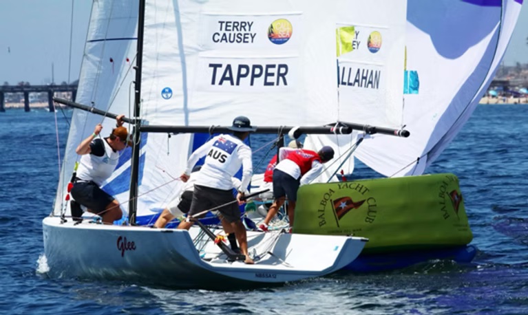 Close racing between 2025 winner Cole Tapper (AUS) and runner-up Justin Callahan (USA). Tapper has gone on to further success on the match racing world stage and Callahan was just named US Intercollegiate Sailor of the Year and is one of three finalists for the U.S. Rolex Yachtsman of the Year award. // Photo credit: Mary Longpre